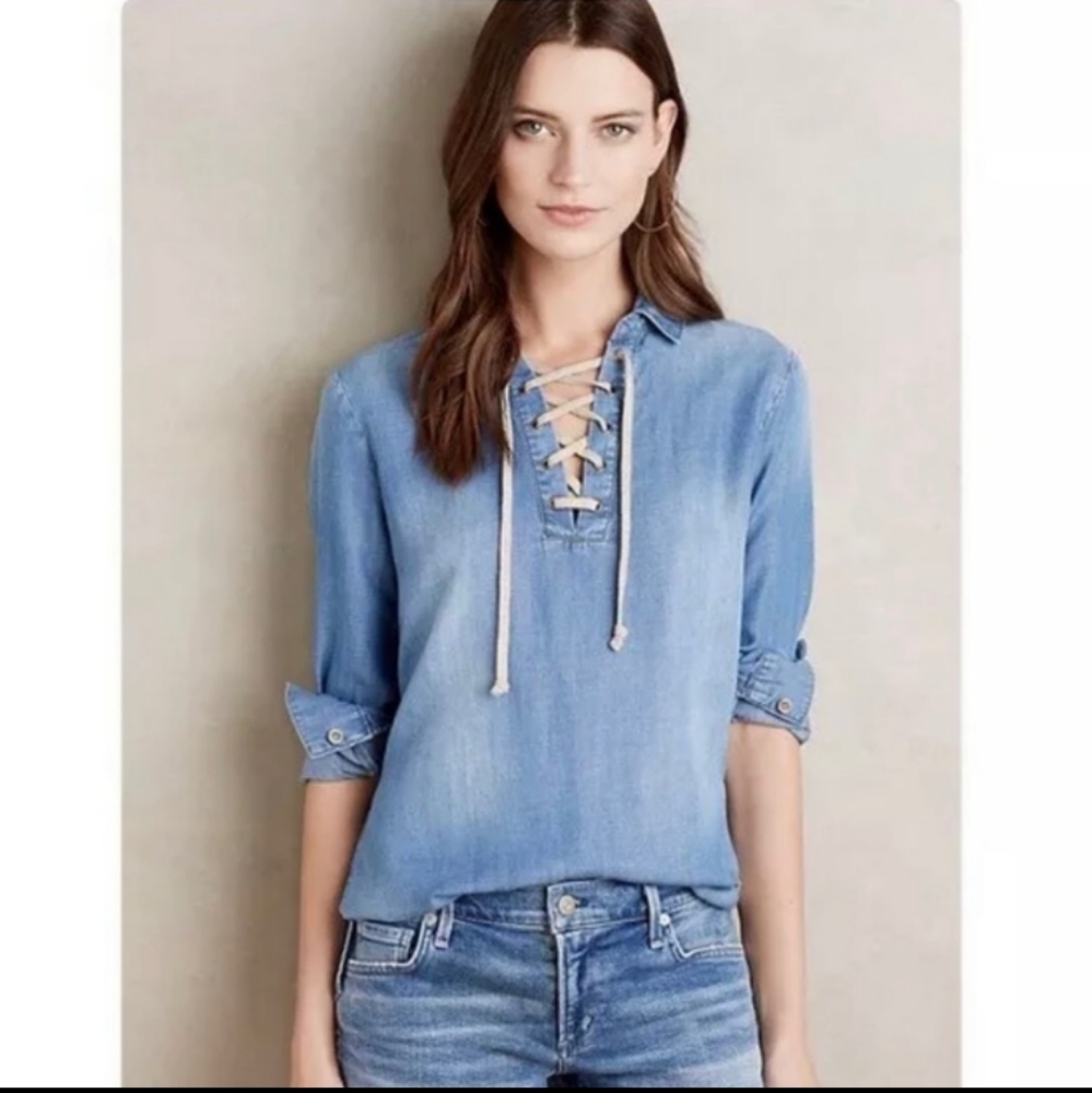 Anthropologie Cloth & Stone Chambray Lace Up Top Size XS - Picture 11 of 11